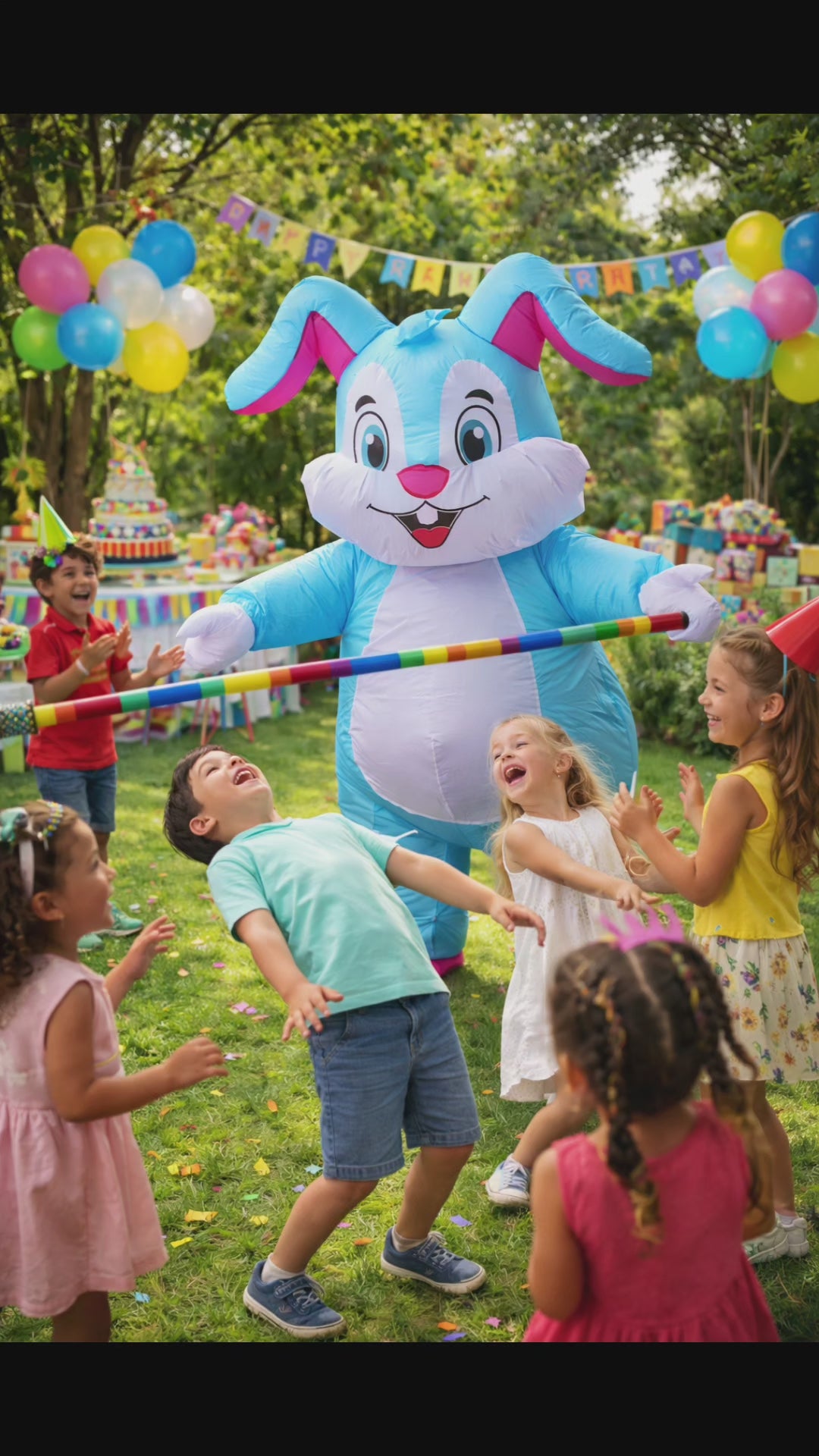Video laden: Video van Bibo de Bunny die met kinderen danst en feestviert op een kinderfeestje.